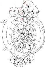 Rekonstruiertes Schema des Räderwerks im Mechanismus