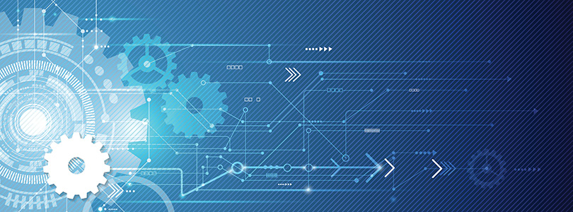 Blue graphic with gear-wheels and circuit diagram